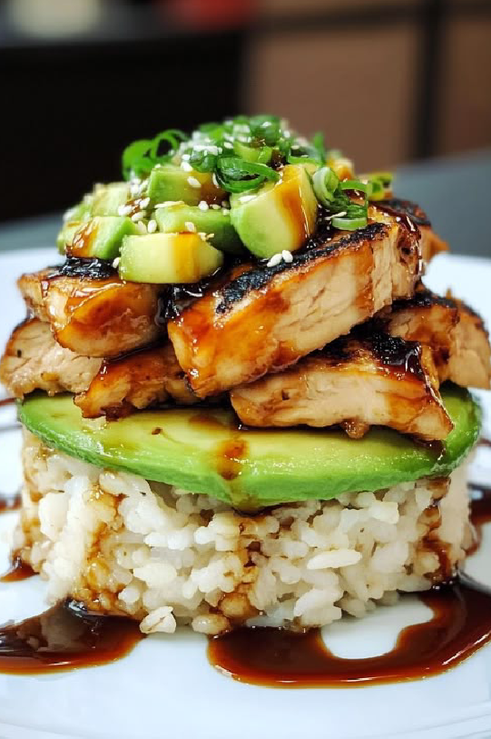 Teriyaki Chicken Avocado Rice Stack