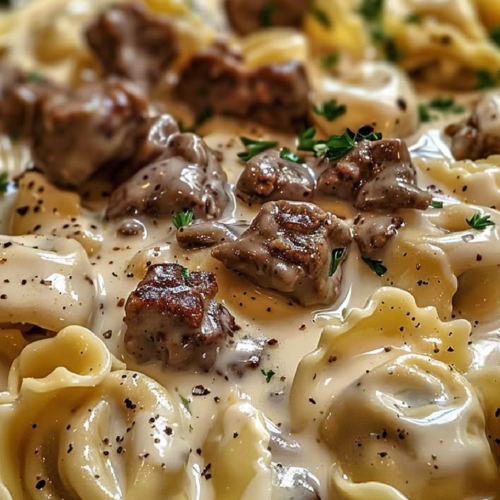Savory Cheesesteak Tortellini in Creamy Provolone Sauce